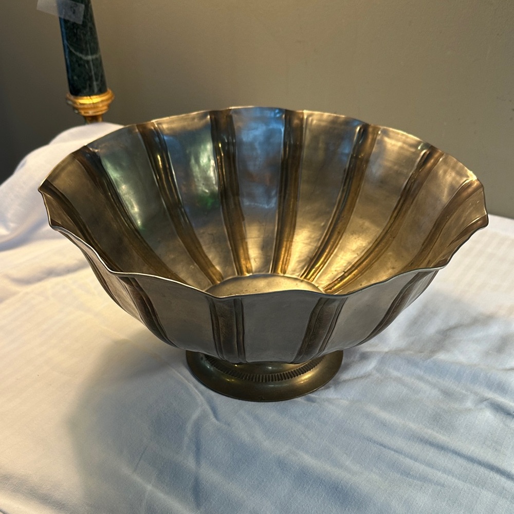 Vintage footed Hammered Aluminum and Brass Scalloped Pedestal Bowl